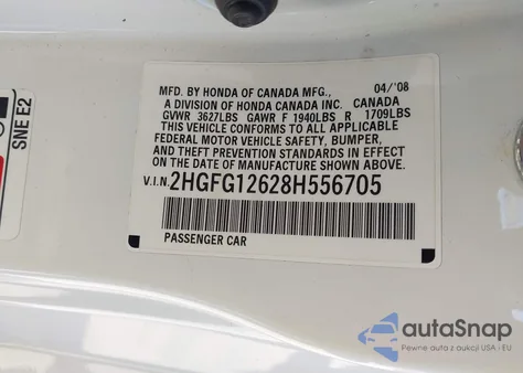 2008 Honda Civic Lx из США, поврежденный, VIN 2HGFG12628H556705